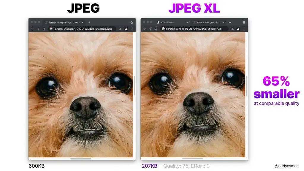JPEG 和 JPEG-XL 对比，图源：X@Addy Osmani